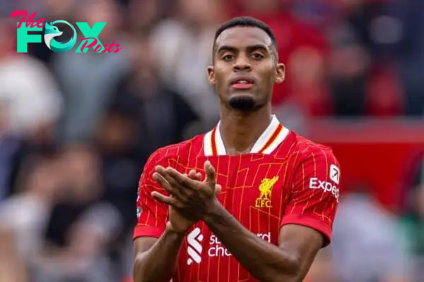 LIVERPOOL, ENGLAND - Saturday, September 21, 2024: Liverpool's Ryan Gravenberch applauds the supporters after the FA Premier League match between Liverpool FC and AFC Bournemouth at Anfield. (Photo by David Rawcliffe/Propaganda)