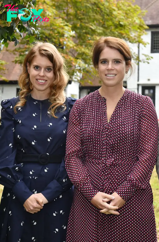 beatrice and eugenie pose in floral dresses outside