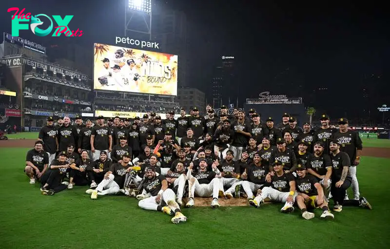 San Diego Padres players celebrate after winning the Wildcard round for the 2024 MLB Playoffs 