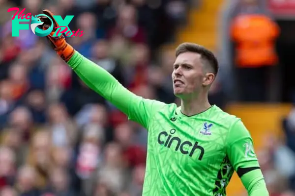 LIVERPOOL, ENGLAND - Sunday, April 14, 2024: Crystal Palace's goalkeeper Dean Henderson during the FA Premier League match between Liverpool FC and Crystal Palace FC at Anfield. Crystal Palace won 1-0. (Photo by David Rawcliffe/Propaganda)