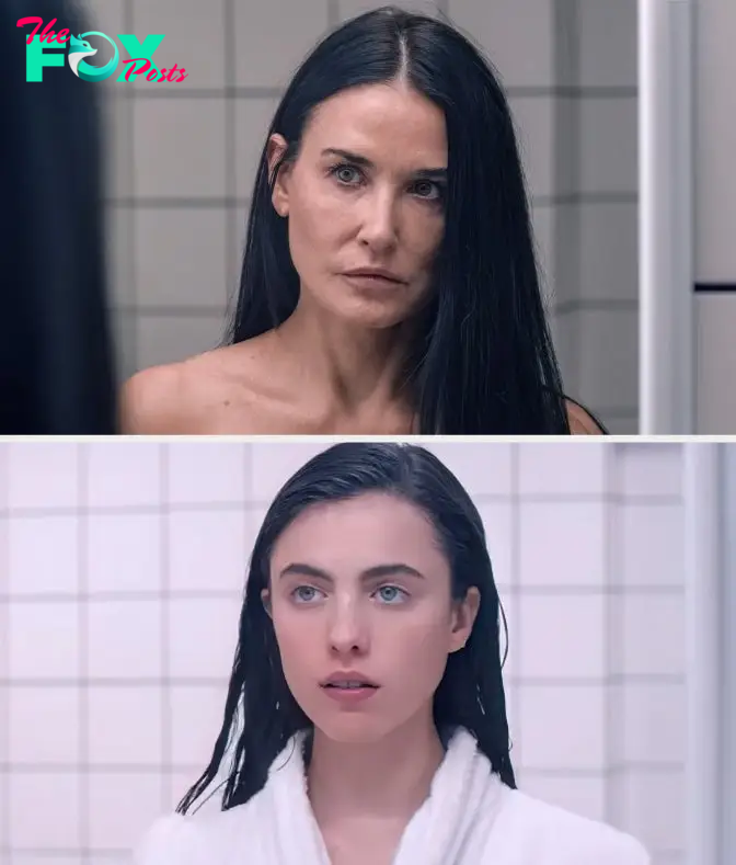 Demi Moore and Margaret Qualley appear in a scene from the movie &quot;My Salinger Year,&quot; both looking into a mirror in separate shots