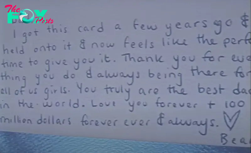 Handwritten note saying, &quot;Dad, I got this card a few years ago &amp;amp; held onto it. Thank you for everything and being there for us. Love, Bear&quot;