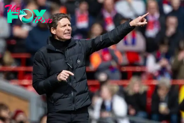 LIVERPOOL, ENGLAND - Sunday, April 14, 2024: Crystal Palace's manager Oliver Glasner during the FA Premier League match between Liverpool FC and Crystal Palace FC at Anfield. Crystal Palace won 1-0. (Photo by David Rawcliffe/Propaganda)