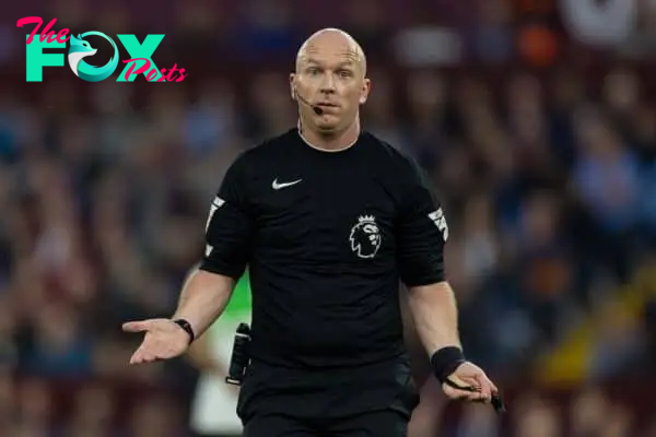 BIRMINGHAM, ENGLAND - Monday, May 13, 2024: Referee Simon Hooper reacts as he produces another performance full of errors during the FA Premier League match between Aston Villa FC and Liverpool FC at Villa Park. (Photo by David Rawcliffe/Propaganda)