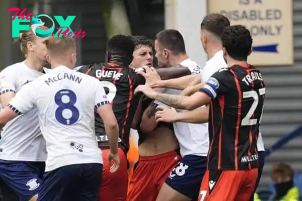 Blackburn Rovers' Owen Beck is confronted by Preston North End's Milutin Osmajic before being shown a red card during the Sky Bet Championship match at Deepdale, Preston. Picture date: Sunday September 22, 2024.