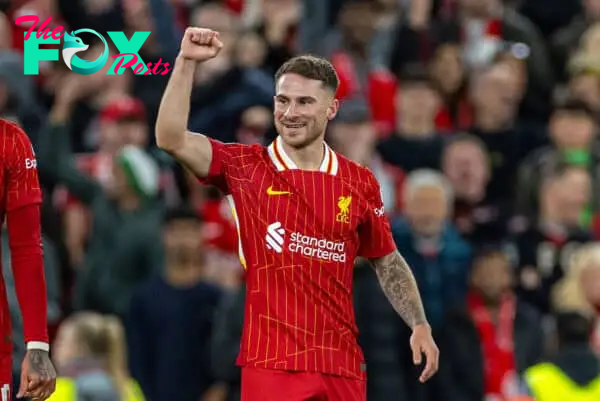 LIVERPOOL, ENGLAND - Wednesday, October 2, 2024: Liverpool's Alexis Mac Allister celebrates after scoring the first goal during the UEFA Champions League game between Liverpool FC and Bologna FC 1909 at Anfield. (Photo by David Rawcliffe/Propaganda)