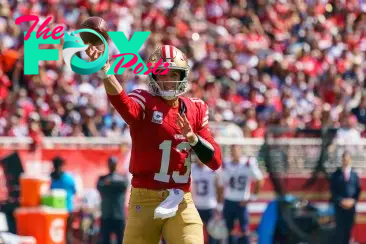 Sep 29, 2024; Santa Clara, California, USA; San Francisco 49ers quarterback Brock Purdy (13) passes the football against the New England Patriots during the first quarter at Levi's Stadium. Mandatory Credit: Neville E. Guard-Imagn Images