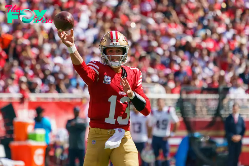 Sep 29, 2024; Santa Clara, California, USA; San Francisco 49ers quarterback Brock Purdy (13) passes the football against the New England Patriots during the first quarter at Levi's Stadium. Mandatory Credit: Neville E. Guard-Imagn Images