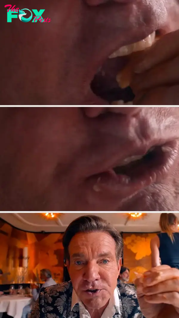 Close-up shots of Dennis Quaid eating in a restaurant, followed by a wider shot of him holding food and wearing a patterned suit jacket