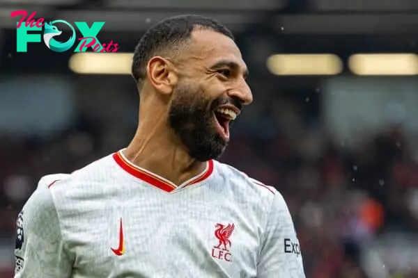 MANCHESTER, ENGLAND - Sunday, September 1, 2024: Liverpool's Mohamed Salah celebrates after scoring the third goal during the FA Premier League match between Manchester United FC and Liverpool FC at Old Trafford. (Photo by David Rawcliffe/Propaganda)