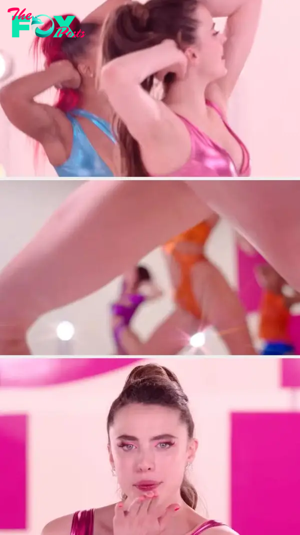 Two women, including Margaret Qualley, dancing in fitness attire in a vibrant setting. Close-up shows Margaret Qualley striking a reflective pose with hand near her face