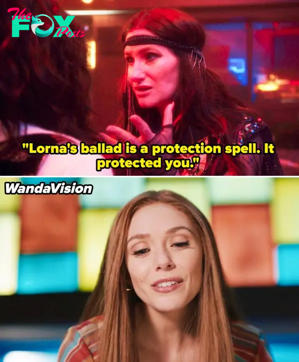 Agatha in &quot;Agatha All Along&quot; telling Alice that the Witches&#x27; Road song is a protection spell vs a still of Wanda singing in &quot;WandaVision&quot;