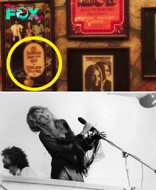 Top: Framed Fleetwood Mac concert posters. Bottom: Stevie Nicks performing passionately on stage with a keyboard