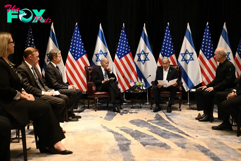 National Security Advisor Jake Sullivan, Secretary of State Antony Blinken and President Joe Biden listen to Israel's Prime Minister Benjamin Netanyahu in Tel Aviv, on Oct. 18, 2023.