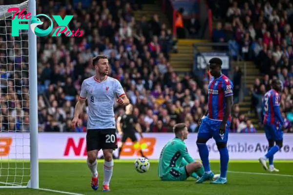 LONDON, ENGLAND - Saturday, October 5, 2024: Liverpool's Diogo Jota celebrates after scoring the first goal during the FA Premier League match between Crystal Palace FC and Liverpool FC at Selhurst Park. (Photo by David Rawcliffe/Propaganda)