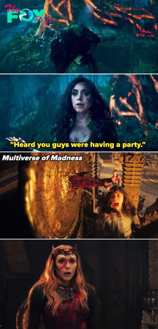 A scene from &quot;Agatha All Along&quot; showing Rio emerging from the ground vs a scene from &quot;Multiverse of Madness&quot; showing Wanda emerging