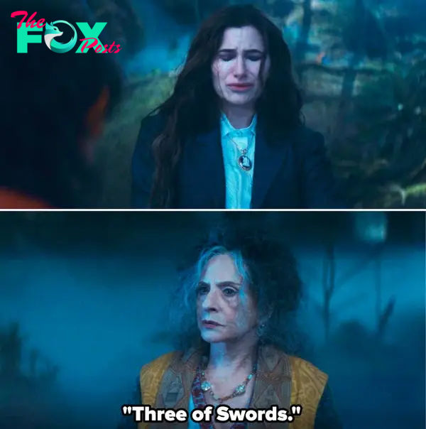 Agatha crying and Lilia saying,  &quot;Three of Swords&quot; in a scene from &quot;Agatha All Along&quot;