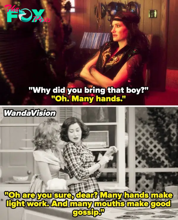 Agatha saying, &quot;Many hands&quot; in a scene from &quot;Agatha All Along&quot; while wearing &#x27;70s clothing vs. a black and white episode of &quot;WandaVision&quot; where she tells Wanda she can help because &quot;many hands make light work&quot;