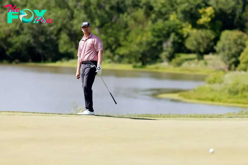 WICHITA, KANSAS - JUNE 16: Patrick Fishburn of the United States watches his chip shot on the fourth hole during the second round of the Blue Cross and Blue Shield of Kansas Wichita Open at Crestview Country Club on June 16, 2023 in Wichita, Kansas.   Mike Mulholland/Getty Images/AFP (Photo by Mike Mulholland / GETTY IMAGES NORTH AMERICA / Getty Images via AFP)