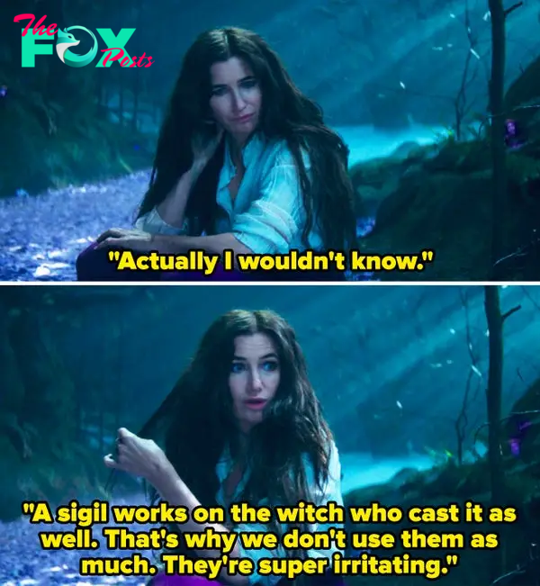 Agatha sitting on a forest floor discussing a sigil in a scene with &quot;Agatha All Along&quot;