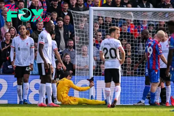 LONDON, ENGLAND - Saturday, October 5, 2024: Liverpool's goalkeeper Alisson Becker goes down with an injury during the FA Premier League match between Crystal Palace FC and Liverpool FC at Selhurst Park. (Photo by David Rawcliffe/Propaganda)