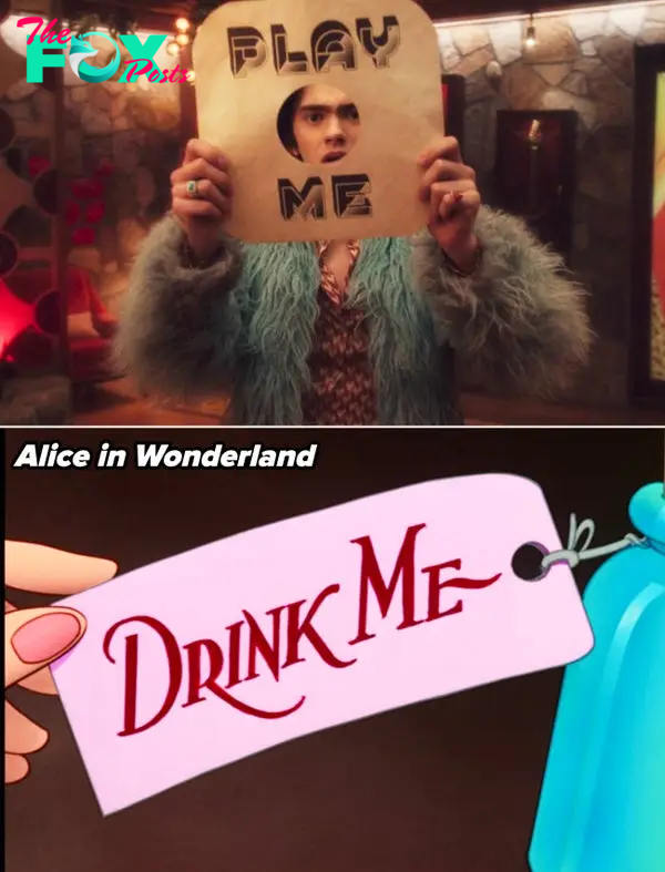 Teen in Agatha All Along holds a vinyl with &quot;Play Me&quot;; below, a cartoon hand from &quot;Alice in Wonderland&quot; holds a &quot;Drink Me&quot; tag