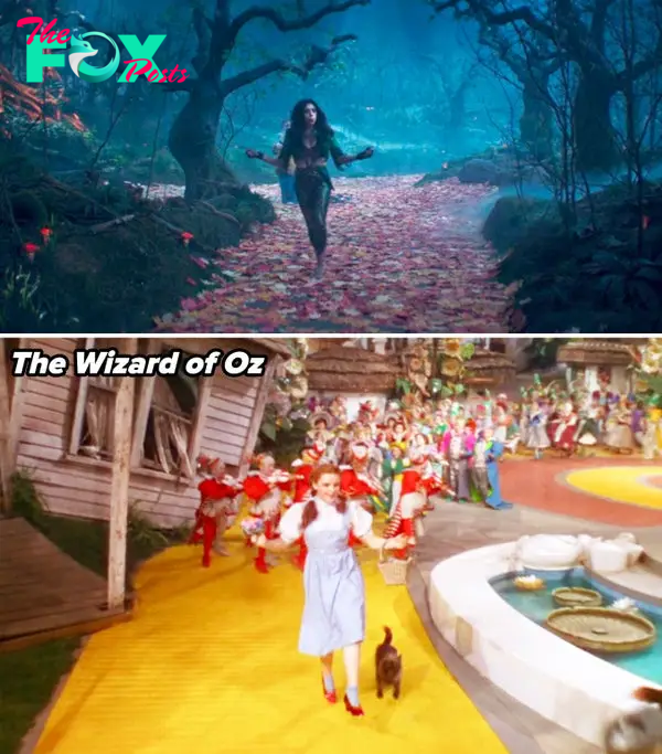 A scene of Rio in &quot;Agatha All Along&quot; skipping down the Witches&#x27; Road, which is covered in leaves vs. a scene from &quot;The Wizard of Oz&quot; where Dorothy skips down the yellow brick road with Toto