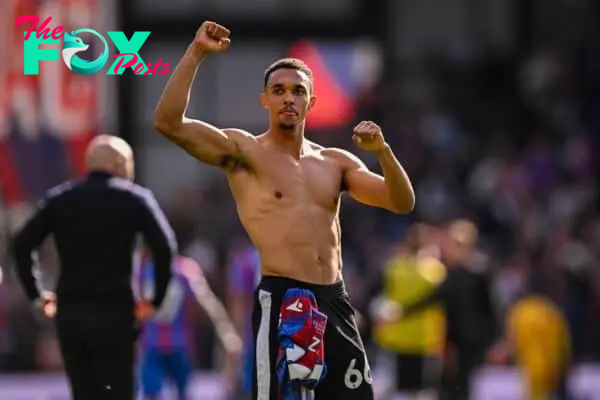 LONDON, ENGLAND - Saturday, October 5, 2024: Liverpool's Trent Alexander-Arnold celebrates after the FA Premier League match between Crystal Palace FC and Liverpool FC at Selhurst Park. Liverpool won 1-0. (Photo by David Rawcliffe/Propaganda)