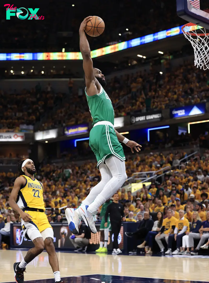 Jaylen Brown dunks the ball during the second quarter in Game Four of the Eastern Conference Finals in Indianapolis, on May 27, 2024.