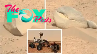 (Left) a shark fin shaped rock on Mars (Right) an accompanying crab claw shaped boulder (Insert) NASA's Perseverance Rover.