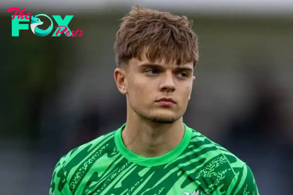 KIRKBY, ENGLAND - Wednesday, August 21, 2024: Liverpool's goalkeeper Kornel Misciur lines-up before the Premier League International Cup Group C match between Liverpool FC Under-21's and PSV Eindhoven's Under-21's at the Liverpool Academy. PSV won 4-0. (Photo by David Rawcliffe/Propaganda)