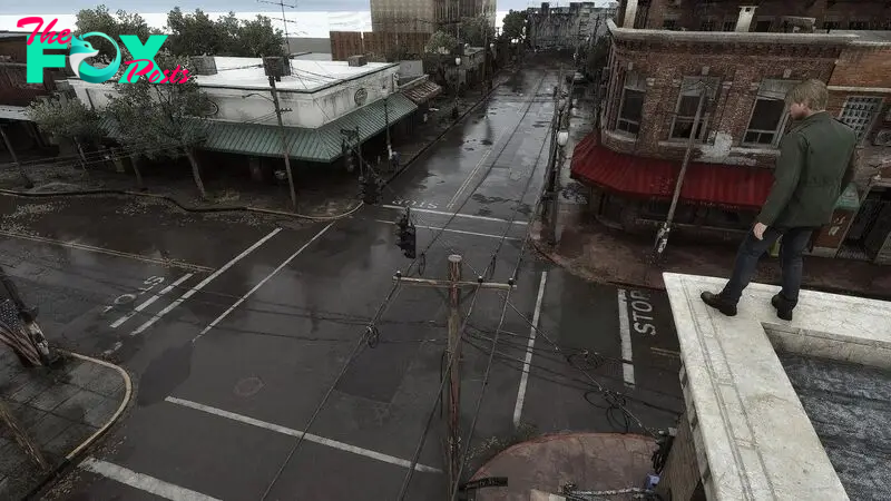 James looks from a rooftop at Silent Hill's streets with the fog modded away