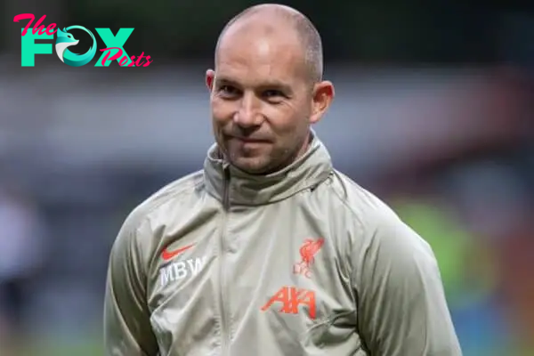 ROCHDALE, ENGLAND - Tuesday, August 31, 2021: Liverpool's Under-18 coach Marc Bridge-Wilkinson during the pre-match warm-up before the English Football League Trophy match between Rochdale AFC and Liverpool FC Under-21's at Spotland Stadium. Rochdale won 4-0. (Pic by David Rawcliffe/Propaganda)