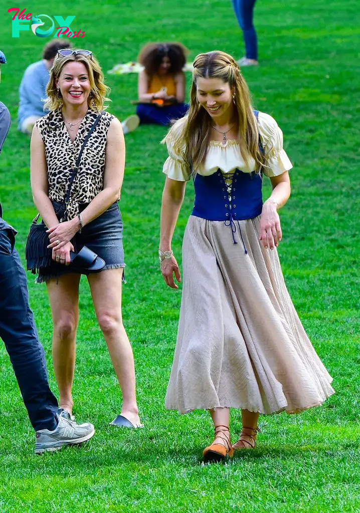 Jessica Biel and Elizabeth Banks are on location for 'The Better Sister' on June 17, 2024 in New York City