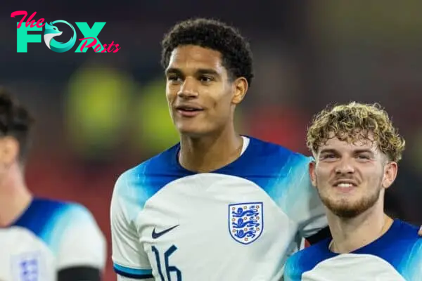 NOTTINGHAM, ENGLAND - Thursday, October 12, 2023: England's Liverpool duo Jarell Quansah (L) and Harvey Elliott celebrate after the 2025 UEFA European Under-21 Championship Qualifying Group F game between England and Serbia at the City Ground. England won 9-1. (Photo by David Rawcliffe/Propaganda)