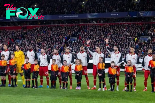 LIVERPOOL, ENGLAND - Wednesday, October 2, 2024: Liverpool players before the UEFA Champions League game between Liverpool FC and Bologna FC 1909 at Anfield. (Photo by David Rawcliffe/Propaganda)