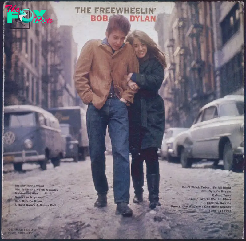 The cover for the Bob Dylan album 'The Freewheelin' Bob Dylan', released by Columbia Records in 1963. The cover features Dylan and his girlfriend Suze Rotolo walking near their apartment in Greenwich Village, New York City.