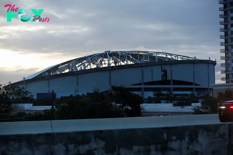 View of the damaged roof of Tropicana Field stadium, the home of Major League Baseball's Tampa Bay Rays, after Hurricane Milton made landfall, in downtown St. Petersburg, Florida, U.S. October 10, 2024.  REUTERS/Octavio Jones