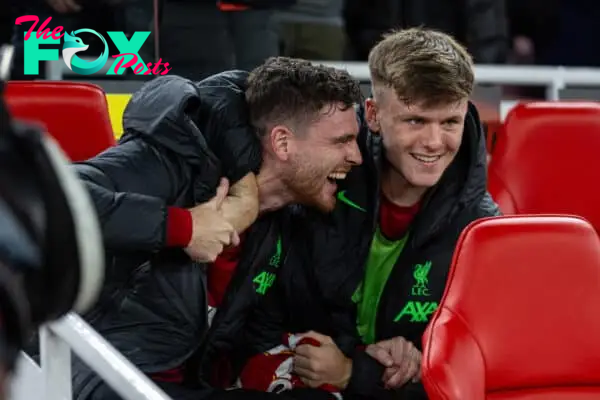 LIVERPOOL, ENGLAND - Thursday, October 5, 2023: Liverpool substitutes Andy Robertson (L) and Ben Doak laugh on the bench before the UEFA Europa League Group E matchday 2 game between Liverpool FC and Union SG at Anfield. (Pic by David Rawcliffe/Propaganda)