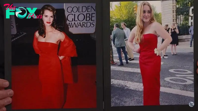 Left: Brooke Shields in a red dress 1998 Right: Rowan wearing the same dress now