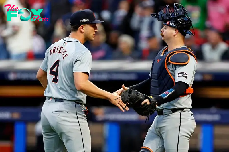 Detroit Tigers pitcher Beau Brieske (4) and catcher Jake Rogers (34) celebrate after defeating the Cleveland Guardians during game two