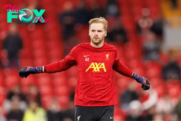 LIVERPOOL, ENGLAND - Wednesday, September 25, 2024: Liverpool's Goalkeeper Caoimhin Kelleher warms up prior to the Football League Cup 3rd Round match between Liverpool FC and West Ham United FC at Anfield. (Photo by Ryan Brown/Propaganda)