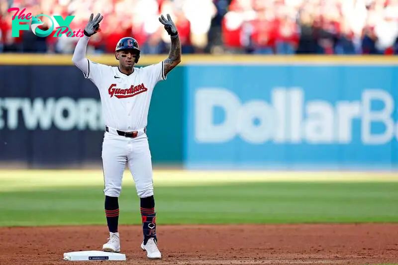 Oct 7, 2024; Cleveland, Ohio, USA; Cleveland Guardians shortstop Brayan Rocchio (4) celebrates