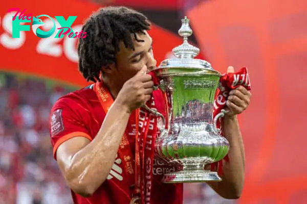 LONDON, ENGLAND - Saturday, May 14, 2022: Liverpool's Trent Alexander-Arnold kisses the trophy after the FA Cup Final between Chelsea FC and Liverpool FC at Wembley Stadium. The game ended in a goal-less draw, Liverpool won 6-5 on penalties. (Pic by David Rawcliffe/Propaganda)