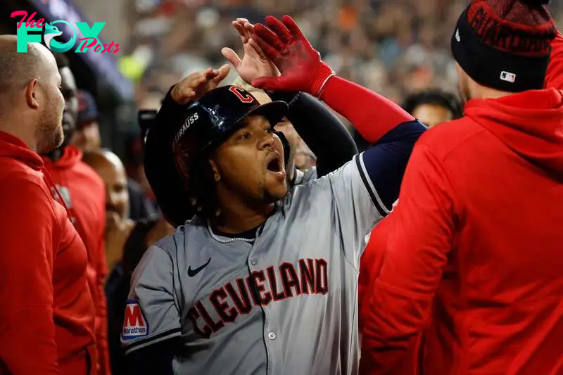 Oct 10, 2024; Detroit, Michigan, USA; Cleveland Guardians third base Jose Ramírez (11) celebrates after hitting a home run in the fifth inning against the Detroit Tigers during game four of the ALDS for the 2024 MLB Playoffs at Comerica Park. Mandatory Credit: Rick Osentoski-Imagn Images