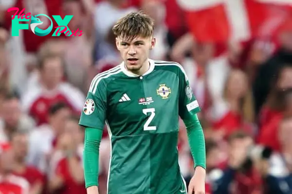 Northern Ireland's Conor Bradley looks dejected after Denmark's Jonas Wind (not pictured) scores their side's first goal of the game during the UEFA Euro 2024 Qualifying Group H match at Parken Stadium, Copenhagen. Picture date: Friday June 16, 2023.