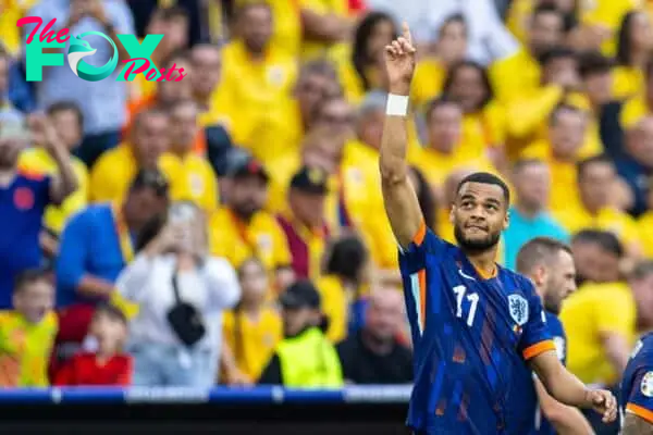 MUNICH, GERMANY - Tuesday, July 2, 2024: Netherlands' Cody Gakpo celebrates after scoring the opening goal during the UEFA Euro 2024 Round of 16 match between Romania and the Netherlands at the Allianz Arena. (Photo by David Rawcliffe/Propaganda)