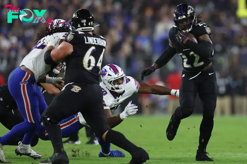 Derrick Henry #22 of the Baltimore Ravens rushes with the ball during the fourth quarter against the Buffalo Bills at M&T Bank Stadium 