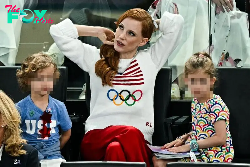 Jessica Chastain attends the artistic gymnastics women's qualification during the Paris 2024 Olympic Games at the Bercy Arena in Paris, on July 28, 2024