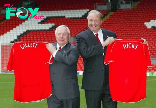 Liverpool, England - Tuesday, February 6th, 2007: American tycoons George Gillett (L) and Tom Hicks (R) proudly hold up Liverpool's famous red shirt after announcing their take-over of Liverpool Football Club in a deal worth around £470 million. Texan billionaire Hicks, who owns the Dallas Stars ice hockey team and the Texas Rangers baseball team, has teamed up with Montreal Canadiens owner Gillett to put together a joint £450m package to buy out shareholders, service the club's existing debt and provide funding for the planned new stadium in Stanley Park. (Pic by Dave Kendall/Propaganda)